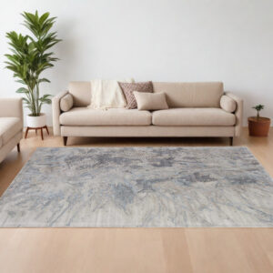 12' X 15' Gray Tan and Green Abstract Hand Tufted Worn Faded Area Rug