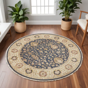8' Black Brown and Gold Wool Oriental Hand Knotted Round Rug