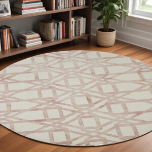 10' Pink and Ivory Wool Geometric Hand Tufted Round Rug