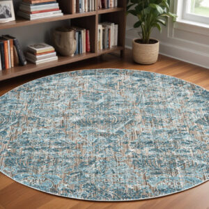 9' Blue Taupe and Ivory Abstract Power Loom Worn Faded Round Rug