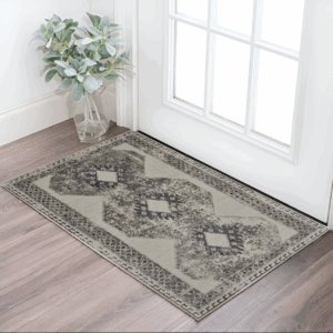 2' X 3' Gray Ivory and Taupe Abstract Power Loom Worn Faded Area Rug