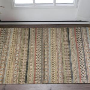 2' X 3' Tan Orange and Blue Striped Hand Knotted Area Rug