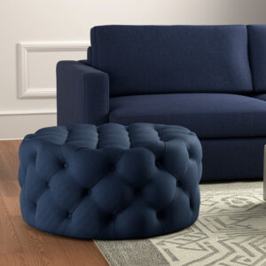 33" Navy Blue Linen Tufted Round Cocktail Ottoman