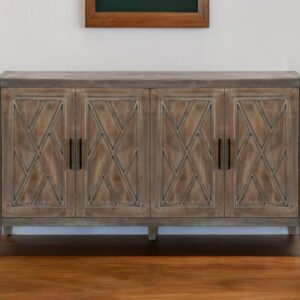 60" Natural and Brown Distressed Carved Geometric Sideboard with Four Doors