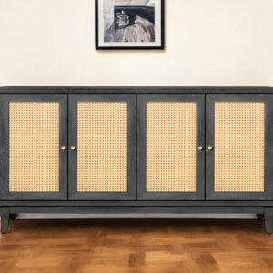 65" Charcoal and Natural Wood and Rattan Sideboard with Four Doors