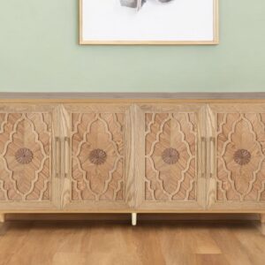 68" Natural Distressed Carved Geometric Sideboard with Four Doors