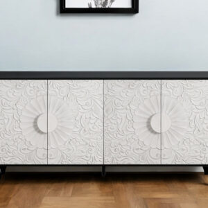 68" Black and White Distressed Carved Floral Sideboard with Four Doors