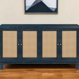 60" Blue Wood And Rattan Distressed Sideboard with Four Doors