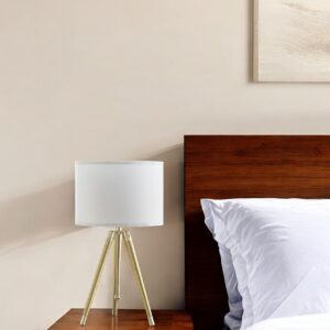 Gold Metal Adjustable Height Tripod Table Lamp With White Drum Shade