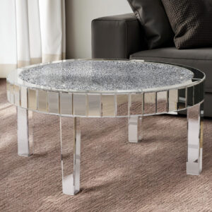 31" Silver Mirrored Glass and Faux Crystal Round Coffee Table