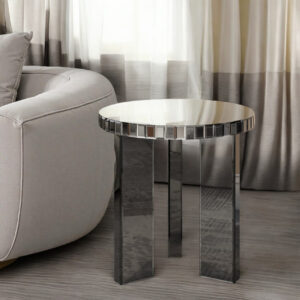 20" Silver And Black Faux Marble And Glass Round Mirrored End Table