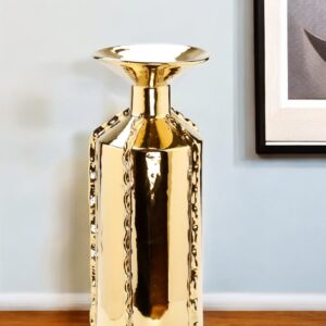 21" Gold Trumpet Ceramic Table Vase With Sculptural Details