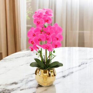 26" Pink Orchid Artificial Plant in a Hammered Gold Round Vase