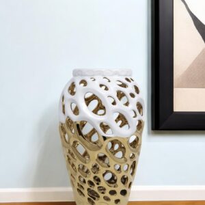 13" Gold And White Pierced Urn Porcelain Table Vase With Sculptural Details