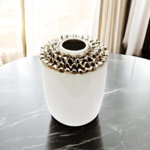 10" White Round Ceramic Table Vase With Sculptural Details