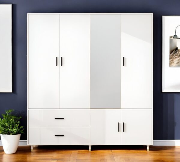 71" White Mirrored Five Door Two Drawer Combo Dresser
