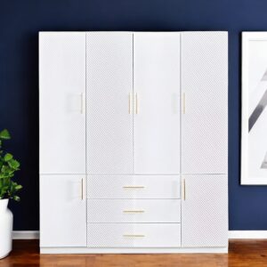 74" White Carved Geometric Six Door Three Drawer Combo Dresser