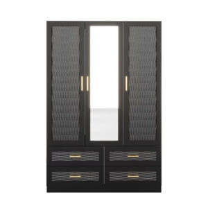 71" Black Carved Geometric Mirrored Three Door Four Drawer Combo Dresser