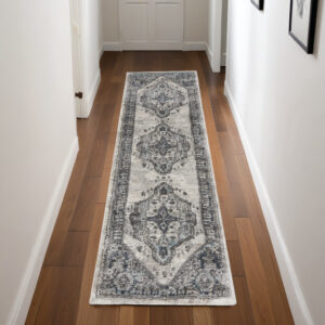 8' Gray Floral Power Loom Distressed Runner Rug