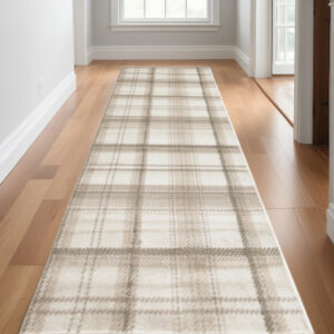 12' Ivory Plaid Power Loom Runner Rug