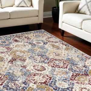 9' X 12' Ivory Red and Blue Geometric Distressed Area Rug