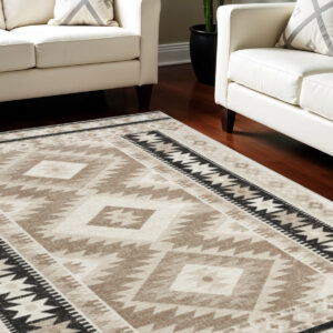 5' X 7' Beige Black And Tan Geometric Flatweave Area Rug