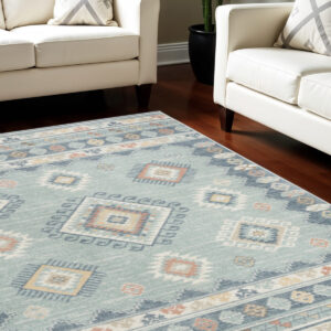 5' X 7' Blue Light Blue and Orange Geometric Flatweave Area Rug