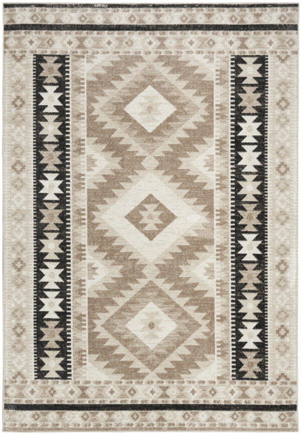 7' X 9' Beige Black And Tan Geometric Flatweave Area Rug