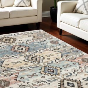 8' X 10' Ivory Tan And Blue Geometric Flatweave Area Rug