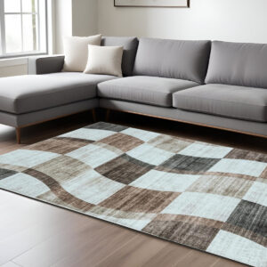 7' X 10' Beige Brown and Gray Checkered Area Rug