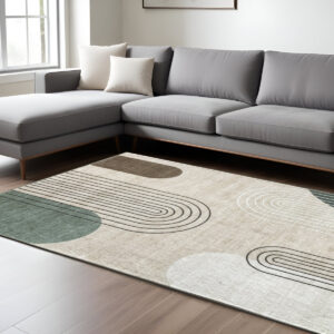 7' X 10' Beige Brown and Green Abstract Area Rug