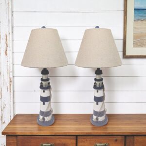 Set of Two 30" Blue And White Lighthouse USB Table Lamps With Cream Cone Shade