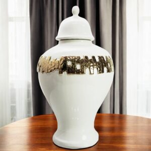 18" White and Gold Urn Ceramic Ginger Jar With Sculptural Details