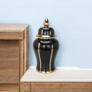14" Black And Gold Striped Urn Ceramic Ginger Jar