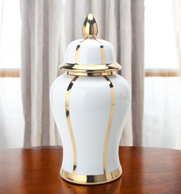 14" White and Gold Striped Urn Ceramic Ginger Jar