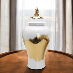 25" White and Gold Abstract Urn Ceramic Ginger Jar