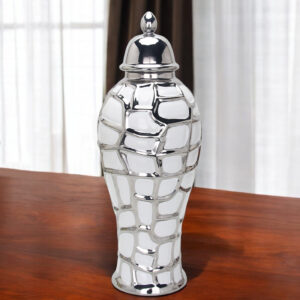 16" White and Silver Abstract Urn Ceramic Ginger Jar