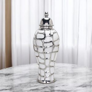 20" White And Silver White Abstract Geo Urn Ceramic Ginger Jar