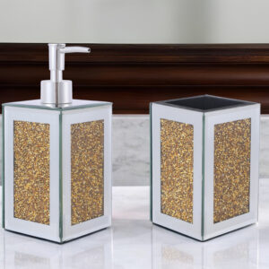 Two Piece Gold And Mirrored Glass Bling Bathroom Accessory Set