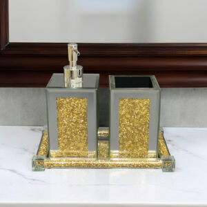 Three Piece Clear and Gold Mirrored Glass Bling Bathroom Accessory Set