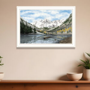 Snowy Mountain Landscape  White Framed Wall Art