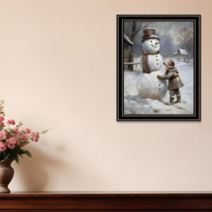 Boy Building A Snowman Black Framed Wall Art