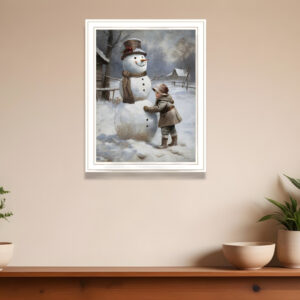 Boy Building A Snowman White Framed Wall Art