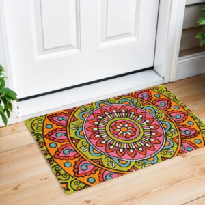 18" X 30" Green and Pink Coir Abstract Outdoor Door Mat