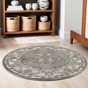 4' Blue Floral Power Loom Round Rug