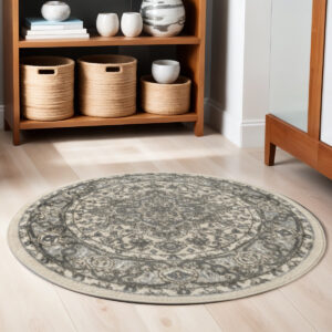 4' Blue Floral Power Loom Round Rug