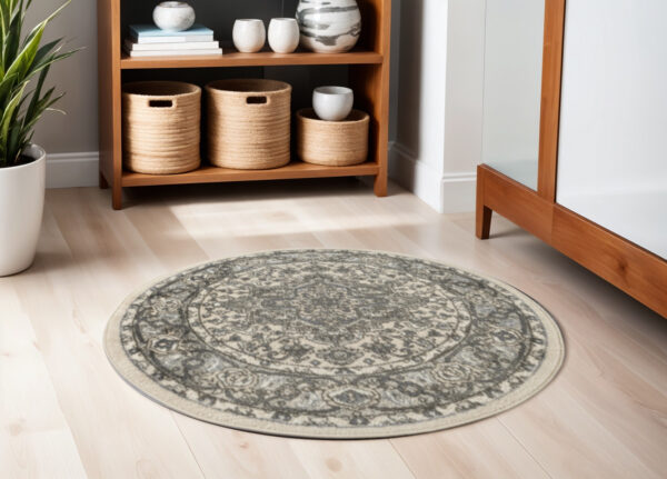 4' Blue Floral Power Loom Round Rug
