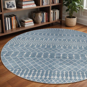 4' Blue Geometric Power Loom Round Rug