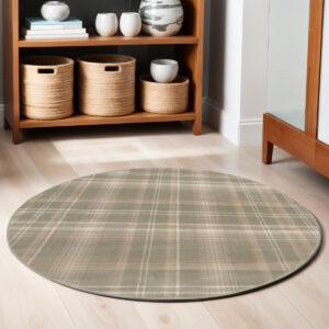 5' Olive Green and Ivory Plaid Round Rug