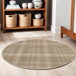 5' Taupe and Ivory Plaid Round Rug